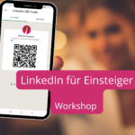 Eine Frau hält ein Handy in die Kamera. Darauf ist der QR Code zum LinkedIn Profil von Kathrin Dielmann zu sehen. Text. LinkedIn für Einsteiger. Workshop.